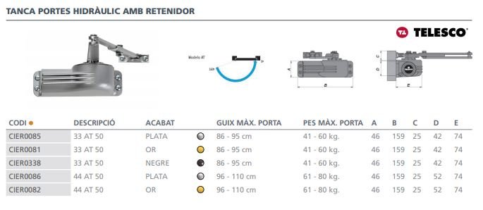 CIERRAPUERTA 33AT50 CLASIC BRAZO RETENEDOR PLATA 33AT50PL