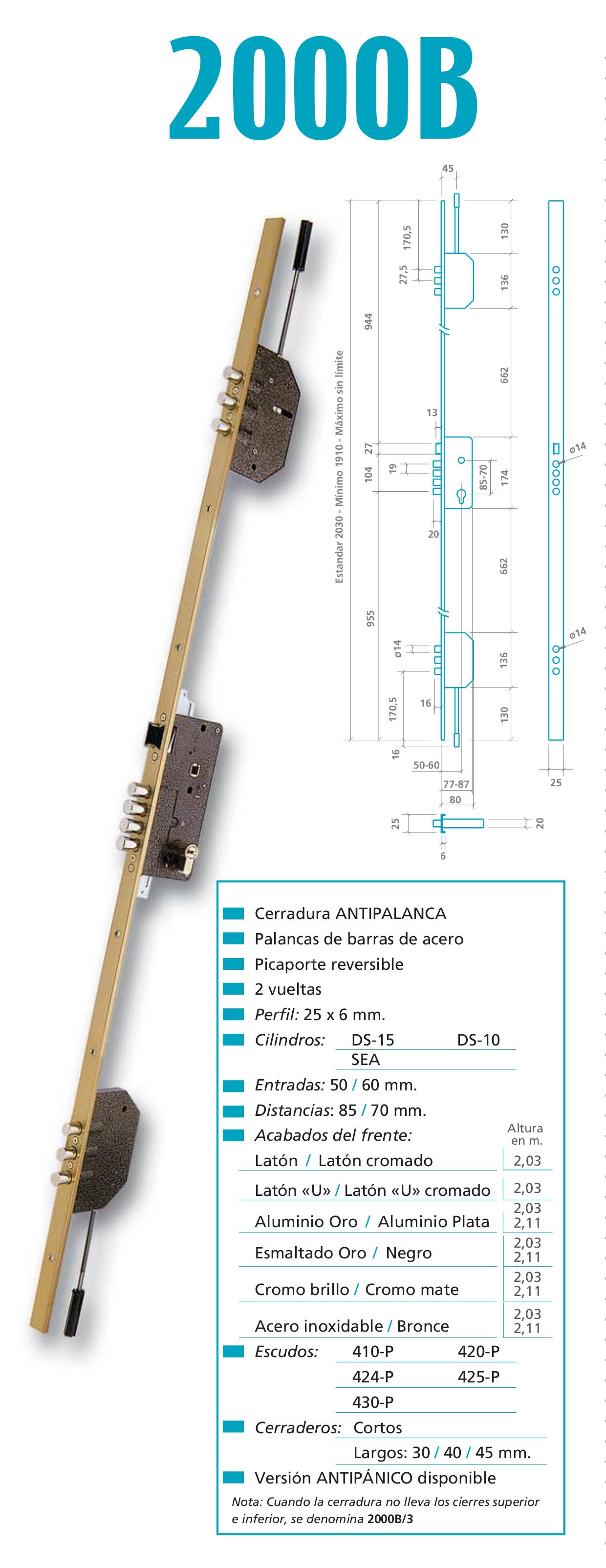 CERRADURA SEGURIDAD EMBUTIR 3 PUNTOS 2000B-3/50-DS15/70D LARGO 45 CROMO MATE 1844258