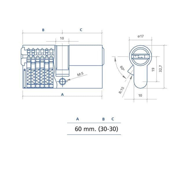 CILINDRO DS15 LEVA LARGA 30-30 LATON, 5 LLAVES 1001261