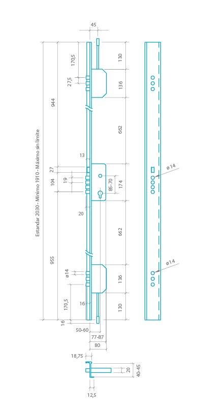 CERRADURA SEGURIDAD EMBUTIR 3 PUNTOS (CONJUNTO) 2000B-3Z/50-DS15/70C-D LARGO 45 ALUM. CROMO MATE 166