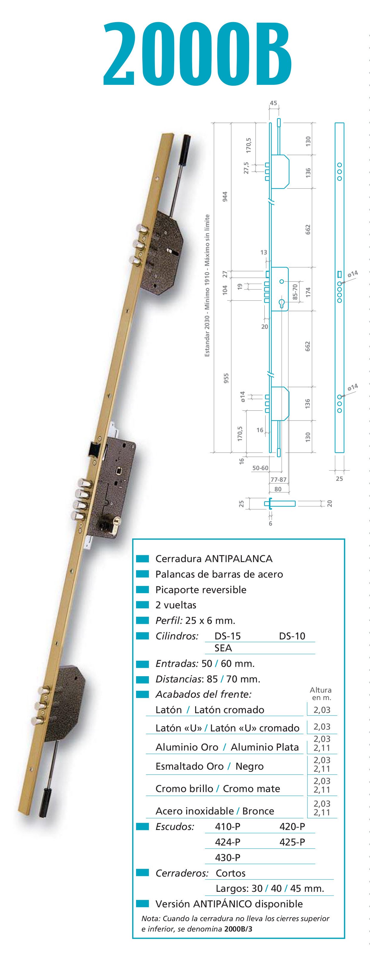 CERRADURA SEGURIDAD EMBUTIR 3 PUNTOS 2000B-3/50-DS15/70D LARGO 45 ESMALTADO ORO 1843748