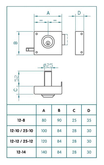 CERRADURA SOBREPONER 12- 8 D 12-8 DER.